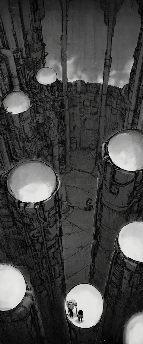 TNstyle, manga, monochrome, (megastructure), from above, concrete walls, pipes, frames, cables, deep, chaotic, dome, giant room, huge, heavy equipment, deep, fog, giant room, weird, colossal structure, labyrinthine dungeon, deep darkness, shadows, mecha, bulldozer, (doll:1.1), Toa Heavy Industries, thousands of years later, melancholy atmosphere, dreamlike,
Depth of Field, sharp focus, Depth and Perspective, bokeh, film grain, taken by Lee Friedlander,
beautiful, aesthetic, extremely detailed, beautiful color, amazing quality, best quality, high quality, masterpiece, <lora:Tsutomu_Nihei_OaN_Style:1>,