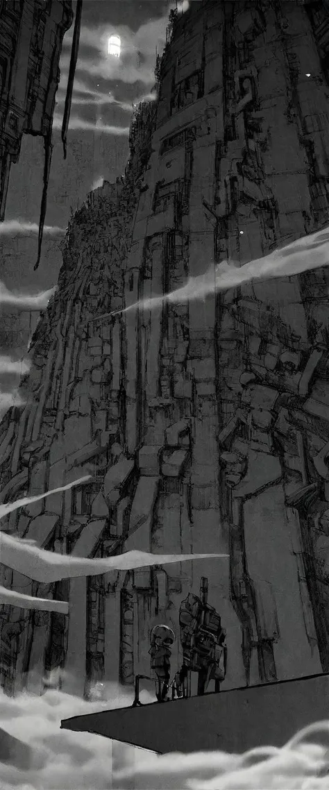 TNstyle, manga, monochrome, (megastructure), from below, concrete walls, pipes, frames, cables, deep, chaotic, dome, giant room, huge, heavy equipment, deep, fog, giant room, weird, colossal structure, labyrinthine dungeon, deep darkness, shadows, mecha, bulldozer, (doll:1.1), Toa Heavy Industries, thousands of years later, melancholy atmosphere, dreamlike,
Depth of Field, sharp focus, Depth and Perspective, bokeh, film grain, taken by Diane Arbus,
beautiful, aesthetic, extremely detailed, beautiful color, amazing quality, best quality, high quality, masterpiece,  <lora:Tsutomu_Nihei_OaN_Style:1>,