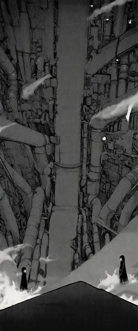 TNstyle, manga, monochrome, (megastructure), from above, concrete walls, pipes, frames, cables, deep, chaotic, dome, giant room, huge, heavy equipment, deep, fog, giant room, weird, colossal structure, labyrinthine dungeon, deep darkness, shadows, mecha, bulldozer, (doll:1.1), Toa Heavy Industries, thousands of years later, melancholy atmosphere, dreamlike,
Depth of Field, sharp focus, Depth and Perspective, bokeh, film grain, taken by Alfred Stieglitz,
beautiful, aesthetic, extremely detailed, beautiful color, amazing quality, best quality, high quality, masterpiece,  <lora:Tsutomu_Nihei_OaN_Style:1>,