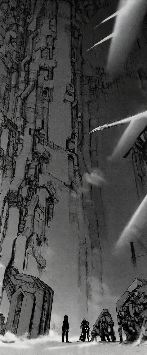 TNstyle, manga, monochrome, (megastructure), from below, concrete walls, pipes, frames, cables, deep, chaotic, dome, giant room, huge, heavy equipment, deep, fog, giant room, weird, colossal structure, labyrinthine dungeon, deep darkness, shadows, mecha, bulldozer, (doll:1.1), Toa Heavy Industries, thousands of years later, melancholy atmosphere, dreamlike,
Depth of Field, sharp focus, Depth and Perspective, bokeh, film grain, taken by Irving Penn,
beautiful, aesthetic, extremely detailed, beautiful color, amazing quality, best quality, high quality, masterpiece,  <lora:Tsutomu_Nihei_OaN_Style:1>,