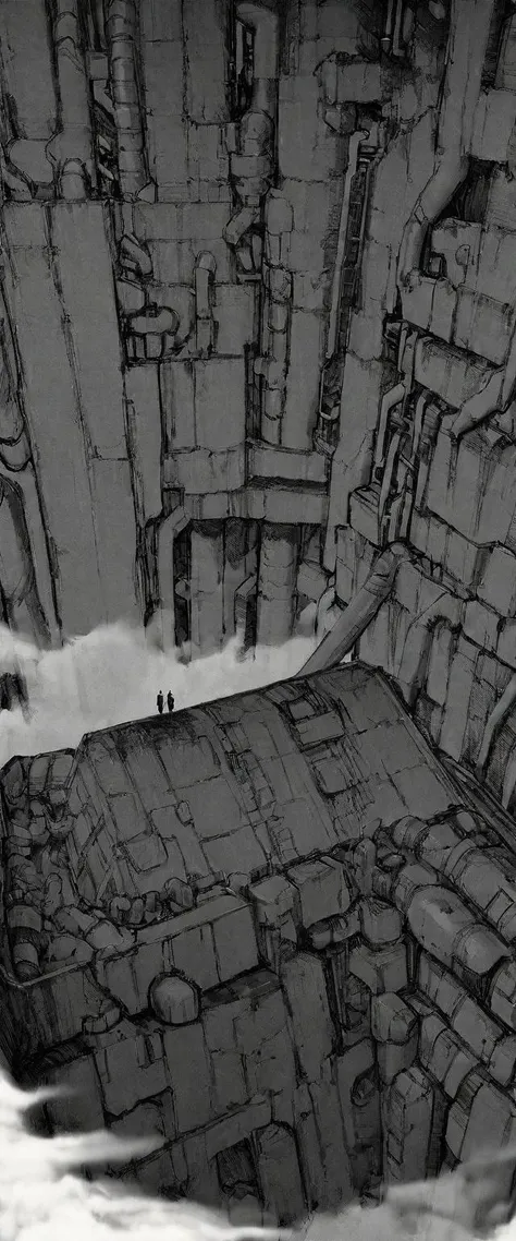 TNstyle, manga, monochrome, (megastructure), from above, concrete walls, pipes, frames, cables, deep, chaotic, dome, giant room, huge, heavy equipment, deep, fog, giant room, weird, colossal structure, labyrinthine dungeon, deep darkness, shadows, mecha, bulldozer, (doll:1.1), Toa Heavy Industries, thousands of years later, melancholy atmosphere, dreamlike,
Depth of Field, sharp focus, Depth and Perspective, bokeh, film grain, taken by Joel Meyerowitz,
beautiful, aesthetic, extremely detailed, beautiful color, amazing quality, best quality, high quality, masterpiece,  <lora:Tsutomu_Nihei_OaN_Style:1>,