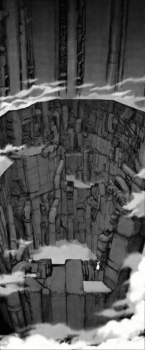 TNstyle, manga, monochrome, (megastructure), from above, concrete walls, pipes, frames, cables, deep, chaotic, dome, giant room, huge, heavy equipment, deep, fog, giant room, weird, colossal structure, labyrinthine dungeon, deep darkness, shadows, mecha, bulldozer, (doll:1.1), Toa Heavy Industries, thousands of years later, melancholy atmosphere, dreamlike,
Depth of Field, sharp focus, Depth and Perspective, bokeh, film grain, taken by August Sander,
beautiful, aesthetic, extremely detailed, beautiful color, amazing quality, best quality, high quality, masterpiece,  <lora:Tsutomu_Nihei_OaN_Style:1>,