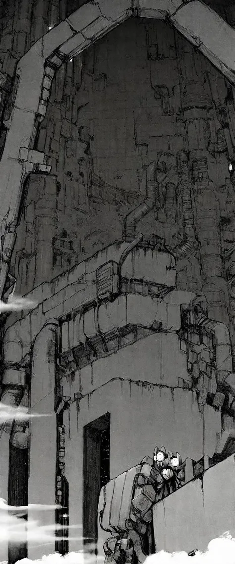 TNstyle, manga, monochrome, (megastructure), from below, concrete walls, pipes, frames, cables, deep, chaotic, dome, giant room, huge, heavy equipment, deep, fog, giant room, weird, colossal structure, labyrinthine dungeon, deep darkness, shadows, mecha, bulldozer, (doll:1.1), Toa Heavy Industries, thousands of years later, melancholy atmosphere, dreamlike,
Depth of Field, sharp focus, Depth and Perspective, bokeh, film grain, taken by Henri Cartier-Bresson,
beautiful, aesthetic, extremely detailed, beautiful color, amazing quality, best quality, high quality, masterpiece, <lora:Tsutomu_Nihei_OaN_Style:1>,