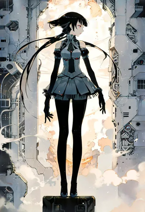 Professional fashion illustration,
by Victo Ngai, by nocopyrightgirl, by Ilya Kuvshinov, by makoto shinkai, 
Ink Painting, 
1girl, solo, Knight, detailed face, detailed eyes, parted lips, Fringe, super model, fashionable, perfect anatomy, looking away, 
Floral print blouse with a smocked off-the-shoulder neckline and puffed sleeves designed by Roz Chast and by Gustav Klimt,
full body shot, modeling pose, disgust, taken by Edward Weston,
A towering skyscraper with a flat roof and sleek, symmetrical lines. The exterior is covered in gleaming metal panels, with tall windows offering panoramic views of the city. The building is topped by a row of antennas, giving it a futuristic look., Symmetrical, Repetition, incandescent, [megastructure, concrete walls, pipes, frames, cables, deep, weird:0.3], designed by Kara Walker,
break
[flat color:thin-pasto:0.65],
beautiful, aesthetic, ethereal, mysterious, detailed, beautiful color, 
amazing quality, best quality, high quality,  <lora:Rella:0.5>, TNstyle, <lora:Tsutomu_Nihei_OaN_Style:0.8>, <lora:xl_more_art-full_v1:1.0>,