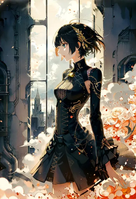 Professional fashion illustration,
by Victo Ngai, by nocopyrightgirl, by Ilya Kuvshinov, by makoto shinkai, 
Watercolor, 
1girl, solo, phylakes, detailed face, detailed eyes, parted lips, Short, super model, fashionable, perfect anatomy, looking away, 
Bell-sleeve blouse with lace insets and a button-front closure designed by Frank Auerbach and by Brent Heighton,
full body shot, dynamic pose, skeptical, taken by Walker Evans,
A gleaming skyscraper with a sleek, streamlined design. The exterior is adorned with intricate geometric patterns and metallic accents, with tall windows offering stunning views of the city. The lobby is grand, with a soaring ceiling, polished marble floors, and ornate metalwork., Split Complementary, cloudy, hair light, [megastructure, concrete walls, pipes, frames, cables, deep, weird:0.3], designed by inga Samson,
break
[clean color:cel shading:0.65],
beautiful, aesthetic, ethereal, mysterious, detailed, beautiful color, 
amazing quality, best quality, high quality,  <lora:Rella:0.3>, TNstyle, <lora:Tsutomu_Nihei_OaN_Style:0.8>, <lora:xl_more_art-full_v1:1.0>,