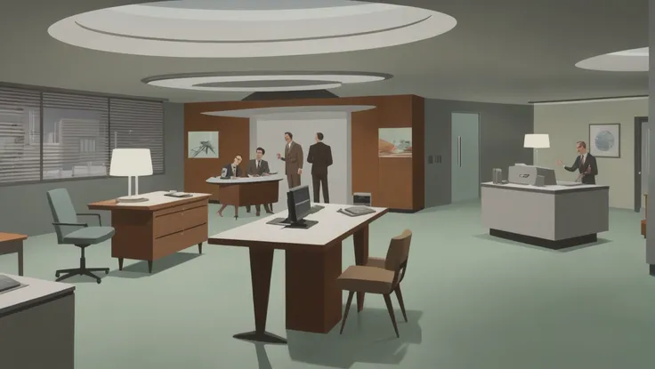 mid-century scifi, Offices for Management \(room\) <lora:EnvyStarlightMidCenturyScifi02:1>