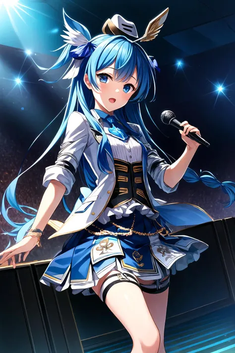 masterpiece, best quality, detailed face,(ultra hi res:1.2),(illustration:1.3),(game cg:1.2),(official concept art: 1.2),
(1girl:1.5),
(15 years old:1.2),
kawaii,
(crowd:1.2),
BREAK
(small breasts:1.1) ,
(slender),
(cdy:1.2),
<lora:ninomiyacos_V2_2:0.8>,
singing,
(stage,Spotlight:1.2),
holding 1 microphone,
BREAK
<lora:add_detail:0.5>
bronze color  eyes,
single braid hair,
hair bow,
blunt bangs,
deep blue  hair,