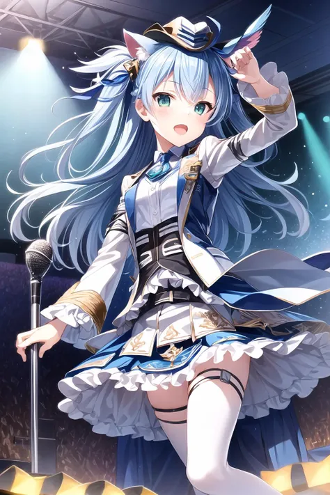 masterpiece, best quality, detailed face,(ultra hi res:1.2),(illustration:1.3),(game cg:1.2),(official concept art: 1.2),
(1girl:1.5),
(15 years old:1.2),
kawaii,
(crowd:1.2),
BREAK
(small breasts:1.1) ,
(slender),
(cdy:1.2),
<lora:ninomiyacos_V2_2:0.8:MIDD>,
singing,
(stage,Spotlight:1.2),
holding 1 microphone,
BREAK
<lora:add_detail:0.5>
chartreuse green color  eyes,
one side up hair,
cat hat,
hair flaps,
terracotta color  hair,