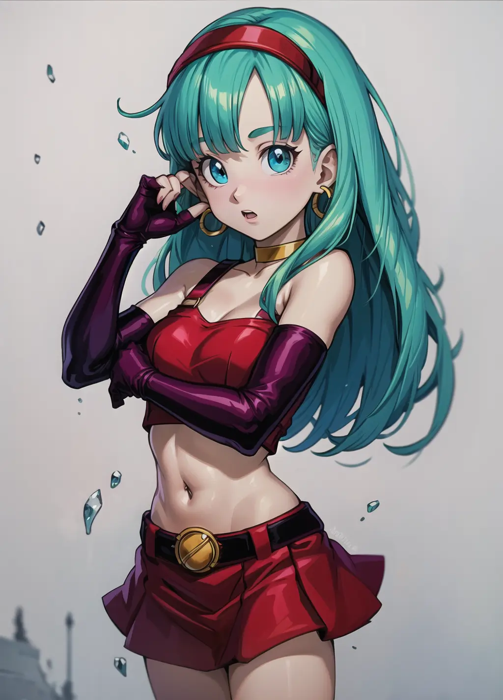 masterpiece, best quality, highest quality, perfect anatomy, perfect face, perfect eyes,
<lora:bradbgt_ex_02:0.9>, aqua hair, brabulladbgt, red hairband, red gloves, blue eyes, skirt, hoop earrings, choker, sexy pose