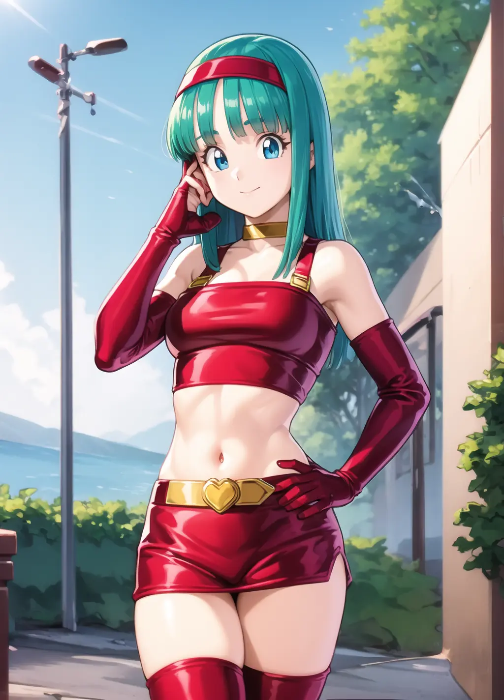 masterpiece, best quality, highest quality, photorealistic, perfect anatomy, perfect face, perfect eyes,
<lora:bradbgt_ex_02:1>, aqua hair, brabulladbgt, red hairband, red gloves, red crop top, blue eyes, skirt, hoop earrings, choker, 1girl, outdoors, sexy pose