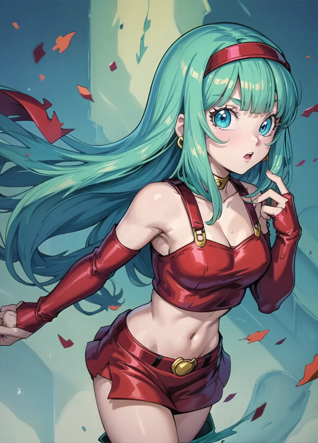 masterpiece, best quality, highest quality, perfect anatomy, perfect face, perfect eyes,
<lora:bradbgt_ex_02:0.9>, aqua hair, brabulladbgt, red hairband, red gloves, blue eyes, skirt, hoop earrings, choker, sexy pose