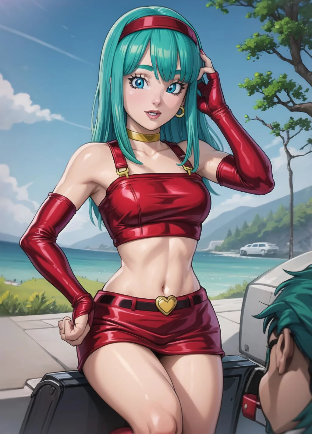 masterpiece, best quality, highest quality, photorealistic, perfect anatomy, perfect face, perfect eyes,
<lora:bradbgt_ex_02:1>, aqua hair, brabulladbgt, red hairband, red gloves, red crop top, blue eyes, skirt, hoop earrings, choker, 1girl, outdoors, sexy pose