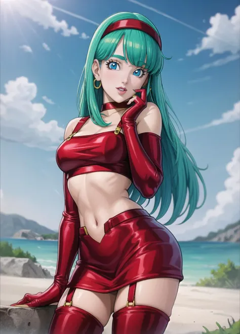 masterpiece, best quality, highest quality, photorealistic, perfect anatomy, perfect face, perfect eyes, 
 <lora:bradbgt_ex_02:1>,  aqua hair, brabulladbgt, red hairband, red gloves, red crop top,  blue eyes, skirt, hoop earrings, choker, 1girl, outdoors, sexy pose