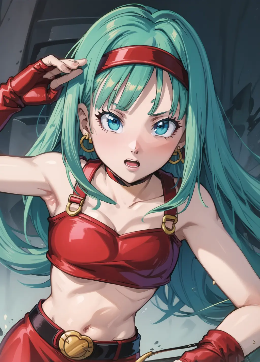 masterpiece, best quality, highest quality, perfect anatomy, perfect face, perfect eyes,
<lora:bradbgt_ex_02:0.9>, aqua hair, brabulladbgt, red hairband, red gloves, blue eyes, skirt, hoop earrings, choker, sexy pose