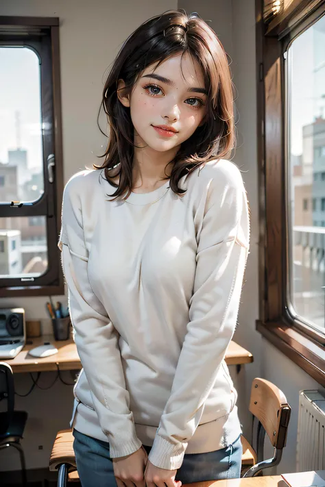 edgy pinterest woman,20 years old,wearing a oversized sweater,happy,dimples,natural look,sunny,soft lighting,emotional,grainy,<lora:cutieMixGirl_V1:0.8>,
