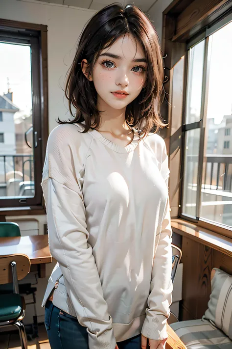 edgy pinterest woman,20 years old,wearing a oversized sweater,happy,dimples,natural look,sunny,soft lighting,emotional,grainy,<lora:cutieMixGirl_V1:0.8>,