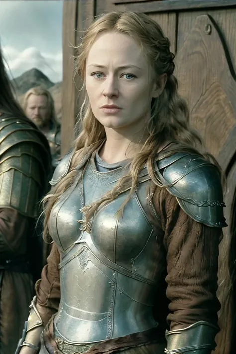 blockbuster movie poster, portrait photo of the shieldmaiden eowyn, (braided hair:1.1), (torn leather and metal armor with some rusty spots:1), (Rohirrim armor ornaments decorations:1.2), (in the wooden stables:1.2), (high detailed fair skin:1.2), 8k uhd, insane details, fireplace lighting, insane quality, intricate details, Fujifilm XT3, <lora:EowynLoTrDogu:0.85>, Rohirrim with long full beards in the background