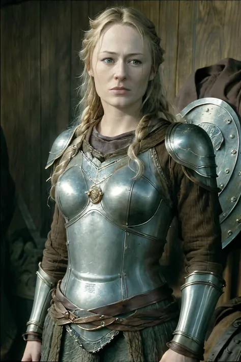 blockbuster movie poster, portrait photo of the shieldmaiden eowyn, (braided hair:1.1), (torn leather and metal armor with some rusty spots:1), (Rohirrim armor ornaments decorations:1.2), (in the wooden stables:1.2), (high detailed fair skin:1.2), 8k uhd, insane details, fireplace lighting, insane quality, intricate details, Fujifilm XT3, <lora:EowynLoTrDogu:0.85>, Rohirrim with long full beards in the background