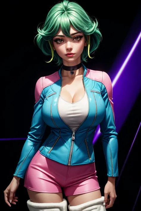 (ultra realistic,32k,RAW photo:1.1),(high detailed skin:1.1), 8k uhd, dslr, high quality, film grain, (makeup, mascara:1.1), lips,(thick\lips\),
(shiny glossy translucent clothing:1.1), <lora:rin_yugioh_arcv:0.7>rin_arc_v, blue jacket, long sleeves, black choker, pink shorts, white thigh boots, ,(huge breast:0.9),<lora:add_detail:0.91>,
Standing with one hand shading the eyes,
(busty:1.1) , (chubby:0.1),( dense light rays exposure:1.1), <lora:LowRA:0.4>, dark theme, blank background ,(glowing lights background:1.1)