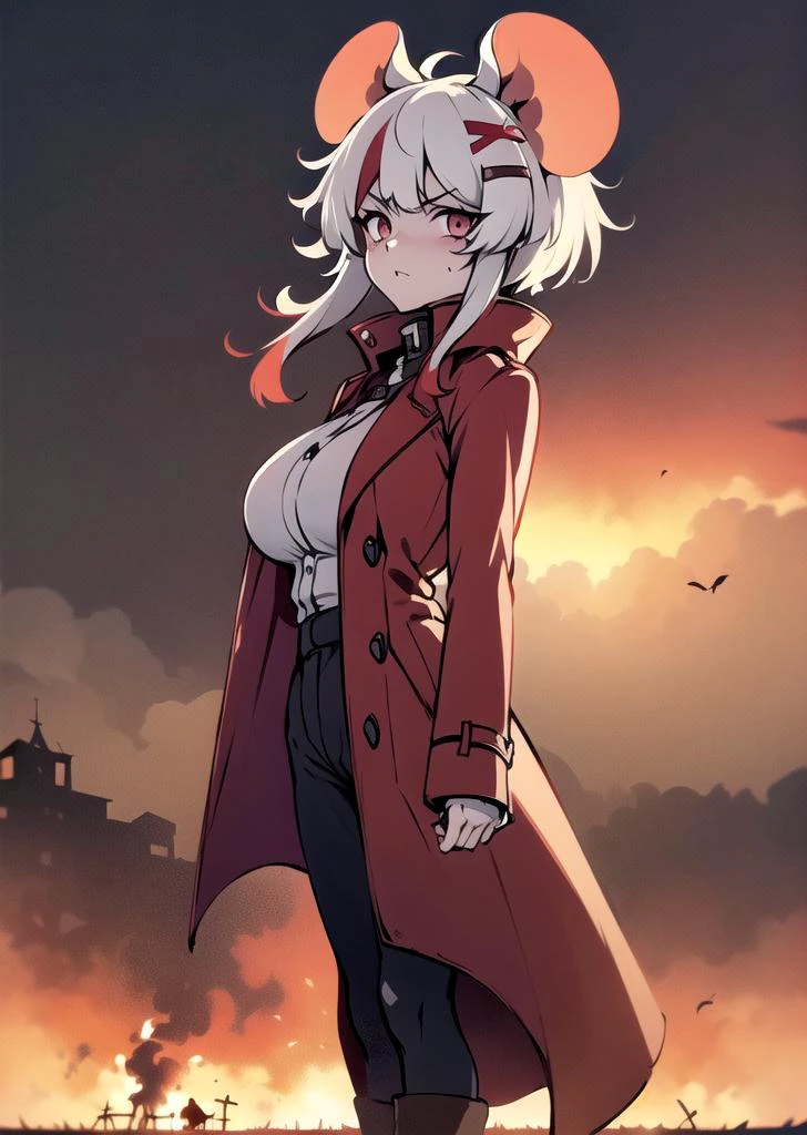 (1 girl), ((mousey)),mouse ears, hair ornament, long greatcoat, greatcoat covering legs, dirty greatcoat, high collar, jackboots, (huge breasts), (mature woman), (looking at viewer), looking with contempt, half a turn, holding a long sword covered with blood, long sword, sword, blood, ambience, gray atmosphere, mud, heavy clouds, autumn, field, field with dead crops, dead crops, fire in background, burning houses, village, <lora:mousey-10:0.9>, <lora:outline:-1>