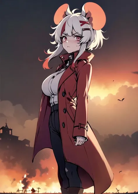 (1 girl), ((mousey)),mouse ears, hair ornament, long greatcoat, greatcoat covering legs, dirty greatcoat, high collar, jackboots, (huge breasts), (mature woman), (looking at viewer), looking with contempt, half a turn, holding a long sword covered with blood, long sword, sword, blood, ambience, gray atmosphere, mud, heavy clouds, autumn, field, field with dead crops, dead crops, fire in background, burning houses, village,  <lora:mousey-10:0.9>,  <lora:outline:-1>