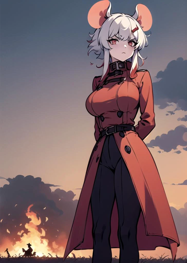 (1 girl), ((mousey)),mouse ears, hair ornament, long greatcoat, greatcoat covering legs, dirty greatcoat, high collar, jackboots, (huge breasts), (mature woman), (looking at viewer), looking with contempt, half a turn, holding a long sword covered with blood, long sword, sword, blood, ambience, gray atmosphere, mud, heavy clouds, autumn, field, field with dead crops, dead crops, fire in background, burning houses, village, <lora:mousey-10:0.9>, <lora:outline:-1>