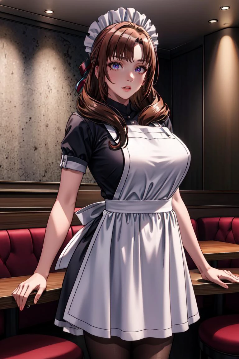 <lora:Mamako_Oosuki:0.8>, mamako_oosuki, brown hair, long hair, purple eyes, large breasts, bright pupils, ribbon, mature female,
1girl, solo, cowboy shot,waitress, apron, pantyhose,staff_trays,indoors, restaurant,
<lora:hyperdetailer_v095:0.4>, <lora:outline:0.3>, <lora:sadakage-v1.5-lora-any:1>, sadakage, weird atmosphere, (best quality:1.1), (masterpiece:1.2), high quality shadow, beautiful detailed, (high detailed skin, skin details), (wide_landscape, 8k), beautiful face, detailed eyes, depth of field, dramatic light, best quality, highres, best shadow, best illumination,<lora:ButtCrack:1.0><lora:ButtCrack:1.0>