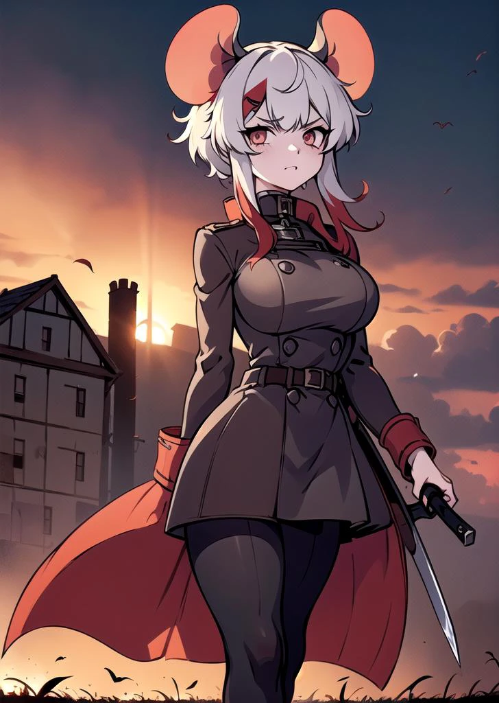 (1 girl), ((mousey)),mouse ears, hair ornament, long greatcoat, greatcoat covering legs, dirty greatcoat, high collar, jackboots, (huge breasts), (mature woman), (looking at viewer), looking with contempt, half a turn, holding a long sword covered with blood, long sword, sword, blood, ambience, gray atmosphere, mud, heavy clouds, autumn, field, field with dead crops, dead crops, fire in background, burning houses, village, <lora:mousey-10:0.8>, <lora:outline:-0.5>
