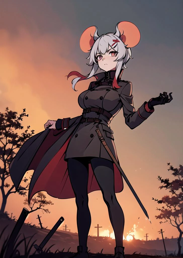 (1 girl), ((mousey)),mouse ears, hair ornament, long greatcoat, greatcoat covering legs, dirty greatcoat, high collar, jackboots, (huge breasts), (mature woman), (looking at viewer), looking with contempt, half a turn, holding a long sword covered with blood, long sword, sword, blood, ambience, gray atmosphere, mud, heavy clouds, autumn, field, field with dead crops, dead crops, fire in background, burning houses, village, <lora:mousey-10:0.8>, <lora:outline:-0.5>