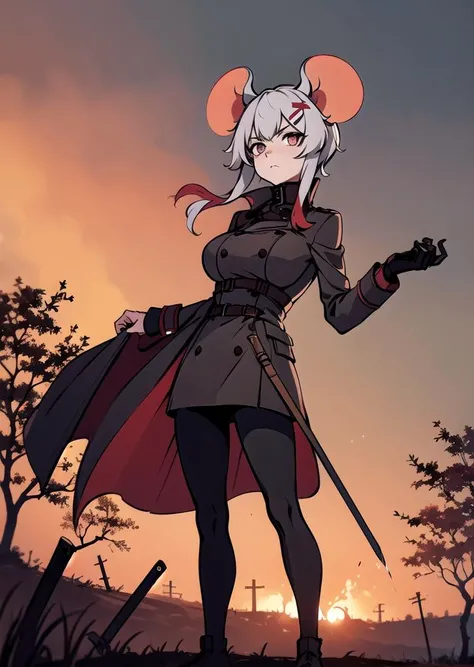 (1 girl), ((mousey)),mouse ears, hair ornament, long greatcoat, greatcoat covering legs, dirty greatcoat, high collar, jackboots, (huge breasts), (mature woman), (looking at viewer), looking with contempt, half a turn, holding a long sword covered with blood, long sword, sword, blood, ambience, gray atmosphere, mud, heavy clouds, autumn, field, field with dead crops, dead crops, fire in background, burning houses, village,  <lora:mousey-10:0.8>,  <lora:outline:-0.5>