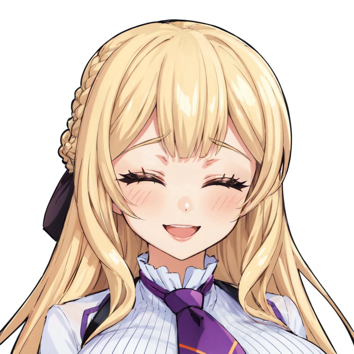 masterpiece best quality,
<lora:kujounagisa.sd15.v1:0.35>, anime coloring, cel shading,
mihaela, long hair, facing viewer, braid, 1girl, solo, white background, open mouth, closed eyes, smile, purple necktie, white shirt
<lora:outline:-0.4>