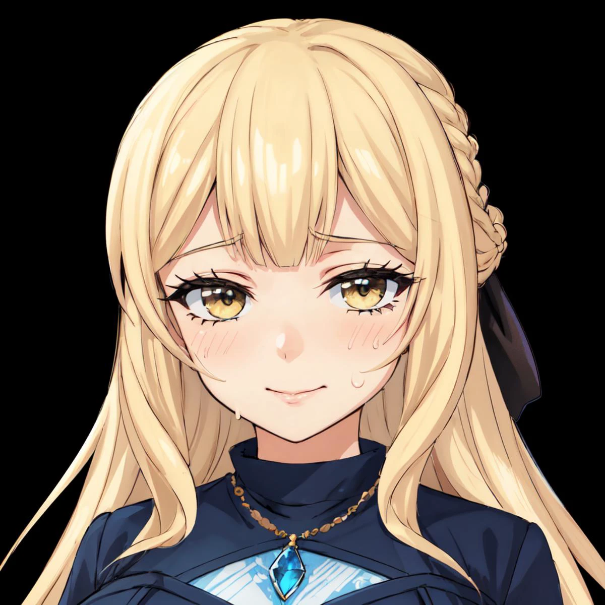 masterpiece best quality,
<lora:kujounagisa.sd15.v1:0.35>, anime coloring, cel shading,
mihaela, long hair, looking at viewer, facing viewer, braid, closed mouth, 1girl, solo, hair ribbon, black background, golden necklace, blue gemstone, sister outfit, sweatdrop, half-closed eyes
<lora:outline:-0.4>
