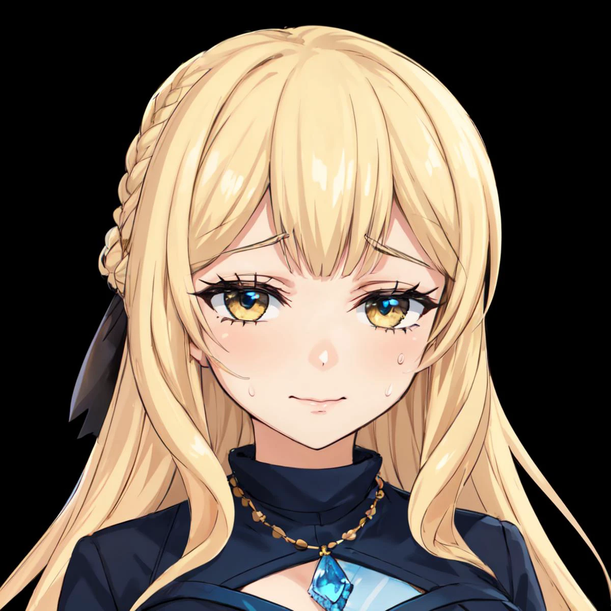 masterpiece best quality,
<lora:kujounagisa.sd15.v1:0.35>, anime coloring, cel shading,
mihaela, long hair, looking at viewer, facing viewer, braid, closed mouth, 1girl, solo, hair ribbon, black background, golden necklace, blue gemstone, sister outfit, sweatdrop, half-closed eyes
<lora:outline:-0.4>