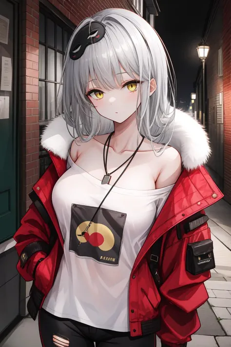 1girl, solo, <lora:frima-nikke-richy-v1:0.8>, frimadef, grey hair, white shirt, red jacket, fur trim, open clothes, off shoulder, black pants, torn pants, necklace, sleep mask, yellow eyes, 
city, street, graffiti, brick wall, building, alley, night, night sky, shadow, <lora:AGM-a1:0.9>, <lora:hyperdetailer_v095:0.4>, <lora:outline:0.3>, weird atmosphere, (best quality:1.1), (masterpiece:1.2), high quality shadow, beautiful detailed, (high detailed skin, skin details), (wide_landscape, 8k), beautiful face, detailed eyes, depth of field, dramatic light, best quality, highres, best shadow, best illumination,