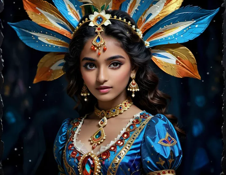 Impressionist, a beautiful Pakistani Girl, colorful Victorian | Egyptian dress Paper Snowdrop, (in the circus:0.3), Darkness, Fracture background, (masterpiece, highest quality), 8K UHD, (film grain:1.2),(Fujifilm XT3:1.2), extremely detailed, close up, Pop Art <lora:AetherPunkAI:1.0>
