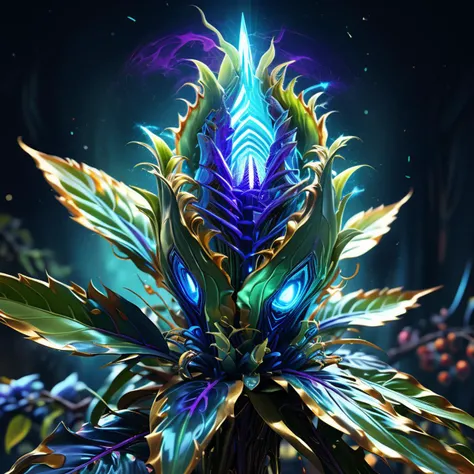 ((best quality)), ((masterpiece)), ((realistic,digital art)), (hyper detailed),AetherPunkAI Huge Shiny Stiffly upright Triangular plant, Cobalt Green Spikelet Inflorescence flower, Tubuliflorous, PlumPurple Berry fruit, Patchy, Aerial root , octane rendering, raytracing, volumetric lighting, Backlit,Rim Lighting, 8K, HDR,amazing, <lora:AetherPunkAI:1>