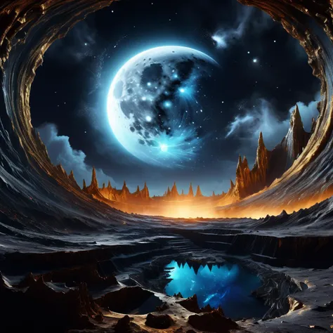 ((best quality)), ((masterpiece)), ((realistic,digital art)), (hyper detailed),AetherPunkAI Night Sky Lunar Crater,Genetic Engineering,Cave Ribbon, octane rendering, raytracing, volumetric lighting, Backlit,Rim Lighting, 8K, HDR,amazing, <lora:AetherPunkAI:0.8>