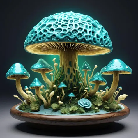 ((best quality)), ((masterpiece)), ((realistic,digital art)), (hyper detailed),AetherPunkAI Bluish-Green Spore Print Majestic Spherical Slimy mushroom, Waffle, Mottled, Cooperative Nutrient Absorption, Salt Marsh, Gregarious,    Permanent Rose Truncate Base,  , octane rendering, raytracing, volumetric lighting, Backlit,Rim Lighting, 8K, HDR <lora:AetherPunkAIv2:1>