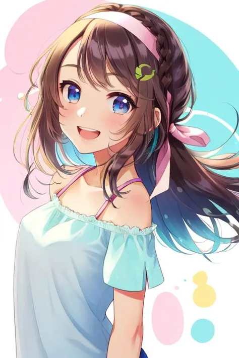 1girl,solo, long hair, brown hair,blue|green eyes, smile,open mouth, multicolored hair, white background, hairband, pink hairband, looking at viewer, :d, simple background, <lora:morikuraen-000010:1>