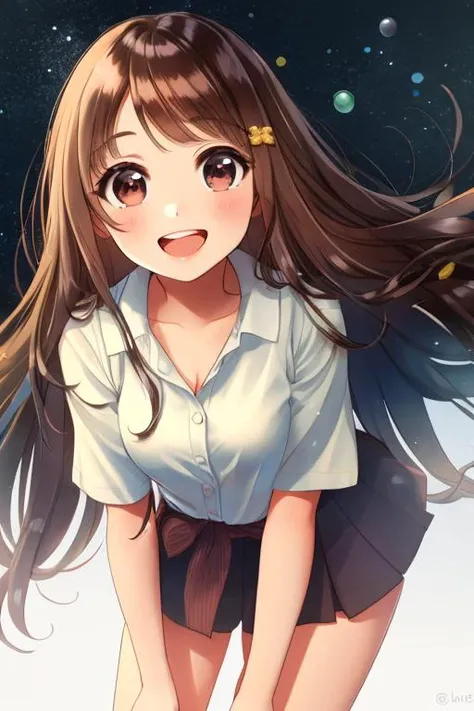 1girl,solo, long hair, brown hair,big eyes,brown eyes, smile,open mouth,, looking at viewer, :d, simple background, <lora:morikuraen-000010:1>