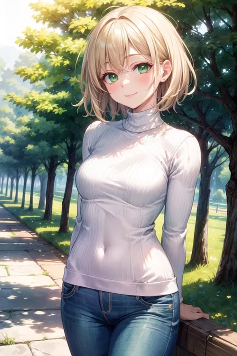 masterpiece, best quality, ultra-detailed, beautiful lighting, Woman, tight jeans, blonde hair, (green eyes:1.3), (white sweater:1.2), turtleneck, standing up, in park, beautiful scenery, slight blush, smiling, (cute smile:1,1), (glossy lips:1.1), (beautiful eyes:1.1), wonderful backround, closed mouth, arms_behind_back, short hair