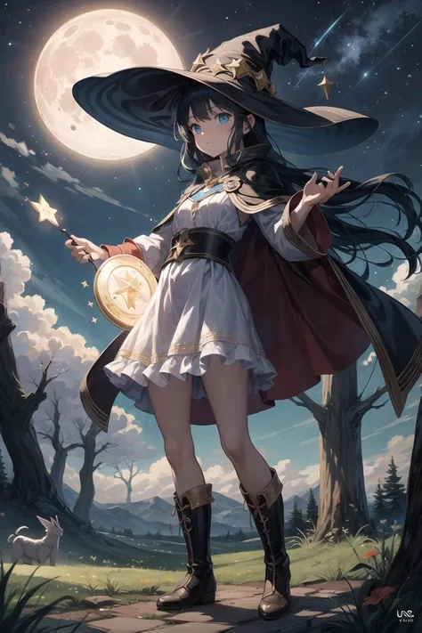 masterpiece, best quality, ultra-detailed, extremely detailed face and eyes, illustration, 1girl, a witch girl, front view, looking at viewer, solo, fantasy, forest, night sky, outdoors, (magic, casting spell), moon, stars, clouds, wind, hair, cape, hat, boots, glowing, mysterious, enchanting, whimsical, playful, adventurous, freedom, wonder, imagination, determination, skill, speed, movement, energy, realism, naturalistic, figurative, representational, beauty, fantasy culture, mythology, fairy tales, folklore, legends, fantasy worlds, composition, light, color, texture, detail, beauty, wonder