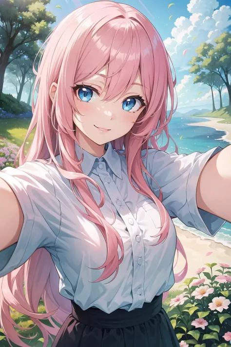 masterpiece, best quality, 1girl, upper body, nature, reeds, bloom, light smile, long hair, pink hair, blue eyes, pov,from front, selfie