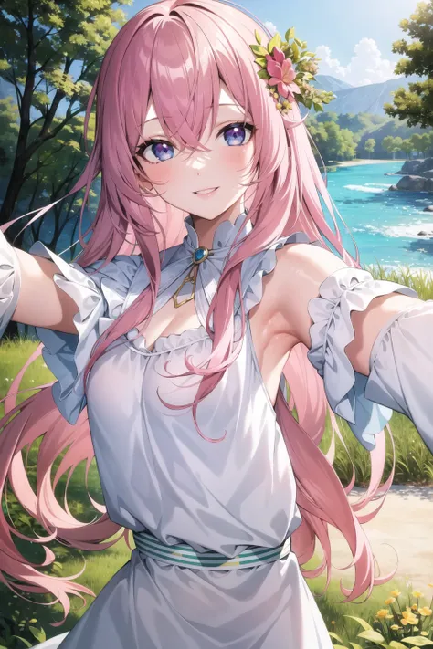 masterpiece, best quality, 1girl, upper body, nature, reeds, bloom, light smile, long hair, pink hair, blue eyes, pov,from front, selfie