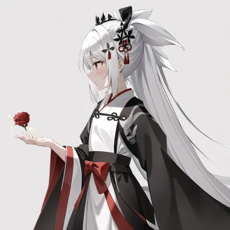 (black and white:1.2), partially colored,(best quality), ((masterpiece)), extremely detailed 8K wallpaper, (an extremely delicate and beautiful), wide shot,motion picture,grayscale,(profile:1.1), equinox flowera in hand,1girl,solo,red eyes,light eyes,white hair,(flay chest:1.2),(hanfu:1.4),detached sleeves,navel,(nine white tails:1.45),white fox ears,([red bow hair ornament:red ribbon:0.5]:1.2)