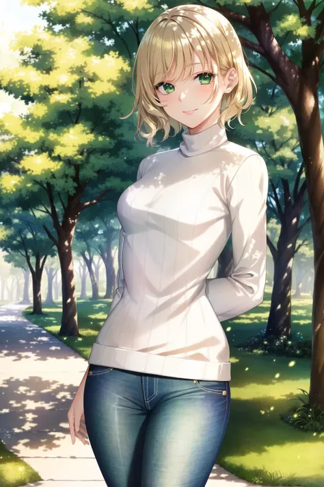 masterpiece, best quality, ultra-detailed, beautiful lighting, Woman, tight jeans, blonde hair, (green eyes:1.3), (white sweater:1.2), turtleneck, standing up, in park, beautiful scenery, slight blush, smiling, (cute smile:1,1), (glossy lips:1.1), (beautiful eyes:1.1), wonderful backround, closed mouth, arms_behind_back, short hair