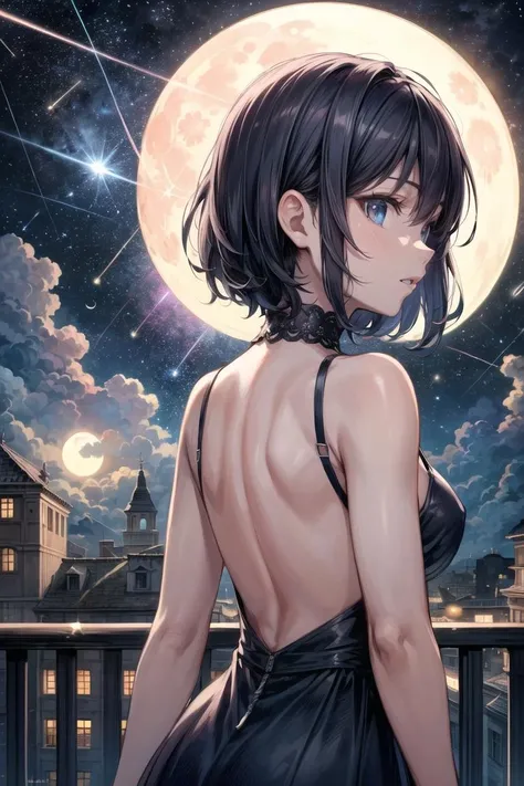 extremely detailed face and eyes,(masterpiece:1.2), 1milf, Standing on Balcony, room, upper body, back view, short dress, no hands, (night, meteor shower, star, moon, drak cloud)