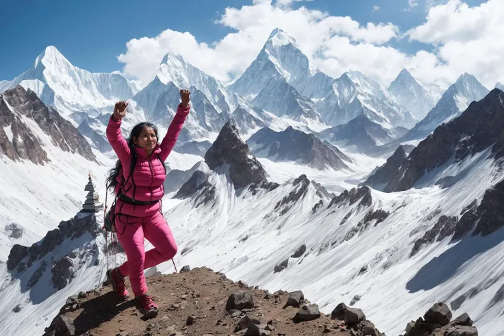 an adult Nepali woman successfully reaching a mountain peak