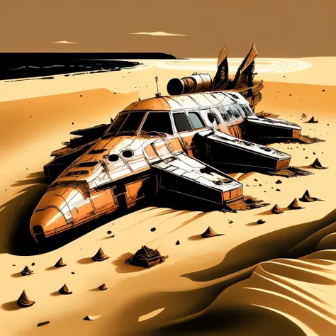 (chocolate color palette theme), a starship wreck half-buried in sand at a remote beach <lora:Tshirt_design:1>