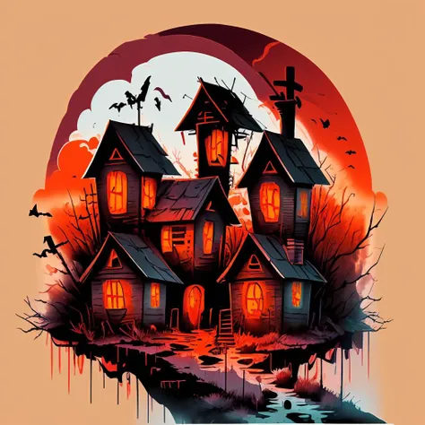 (dark red color palette theme), an isolated village with eerie scarecrows and deserted farmhouses <lora:Tshirt_design:1>